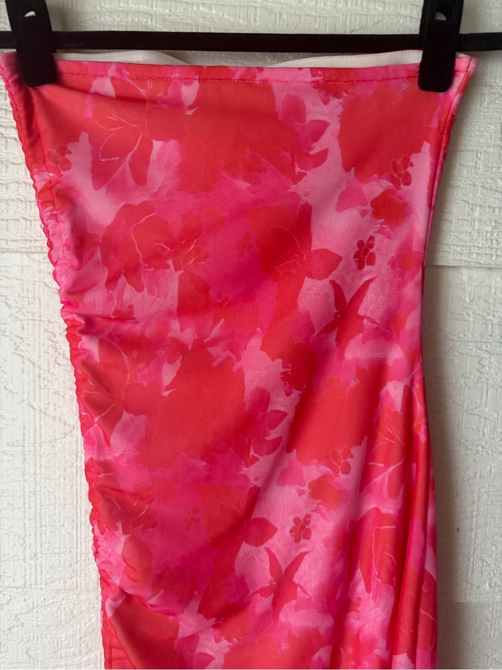 Pink Floral Strapless Mesh Ruched Mini Dress Small Adjustable Side Drawstring - Picture 6 of 9